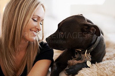 Buy stock photo Smile, love or woman and dog on a sofa with trust, care and bonding at home together. Pets, face and female person relax with pitbull puppy in a living room with security, protection or foster safety