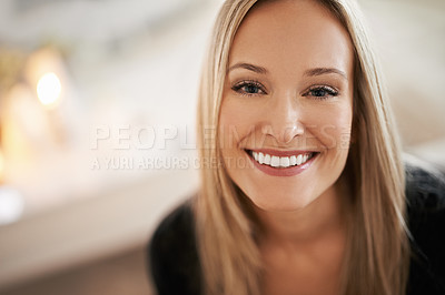 Buy stock photo Woman, smile and portrait for relax and happy in home or indoor on weekend and alone on break and joy. Young person and attractive for peace, rest or chill in living room or house on sofa on mockup