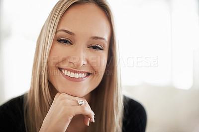 Buy stock photo Woman, portrait and smile with diamond, ring or jewel for luxury, idea and rich indoor in home. Young person and face for thoughtful and pensive for contemplate with style and happy for plans