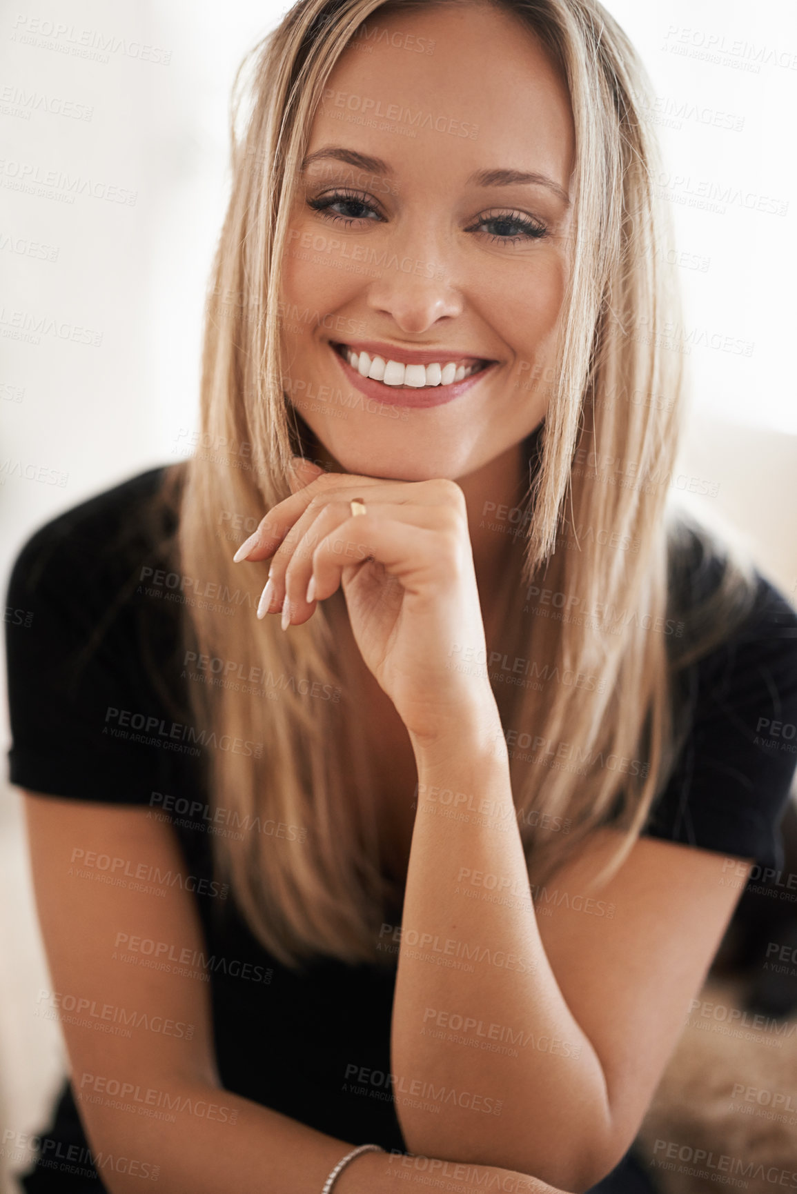 Buy stock photo Portrait, happy woman and relax on break indoor, wellness and confidence of freelancer in home. Face, positive and blonde lady with rest in lounge, mindfulness and remote job for choice in apartment