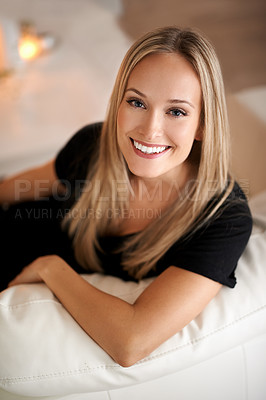 Buy stock photo Portrait, happy woman and peace on couch in living room, wellness and relax on break in home. Face, positive and blonde lady with rest on sofa, mindfulness and satisfaction on weekend in apartment
