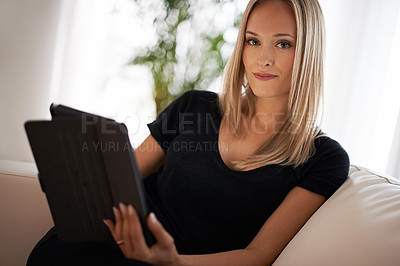 Buy stock photo Tablet, remote work and portrait of business woman on sofa for social media, search or communication at home. Freelance, app or writer in living room for digital article research, planning or report