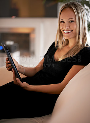 Buy stock photo Happy, portrait and woman with tablet on sofa for social media, streaming or web, search and communication at home. Digital, app or face of female person with google it, sign up or Netflix and chill