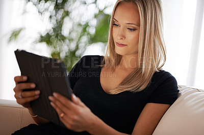 Buy stock photo Calm, relax and woman with tablet on a sofa for social media, streaming or web, search or reading ebook at home. Digital, app and female person in a house with google it, sign up or Netflix and chill