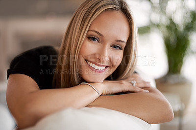 Buy stock photo Portrait, happy woman and wellness on sofa in living room, calm and peace on vacation in home. Face, smile and blonde lady with rest on couch, mindfulness and satisfaction on weekend in apartment
