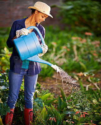 Buy stock photo Shot of a young woman watering her garden