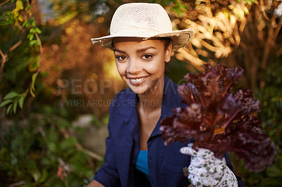 Buy stock photo Shot of a young woman gardening in her backyard