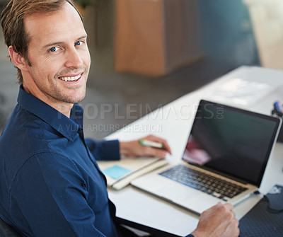Buy stock photo Man, laptop and portrait in office for company career and online planning for website research project. Male person or analyst and smile with tech for email and digital proposal  with internet 