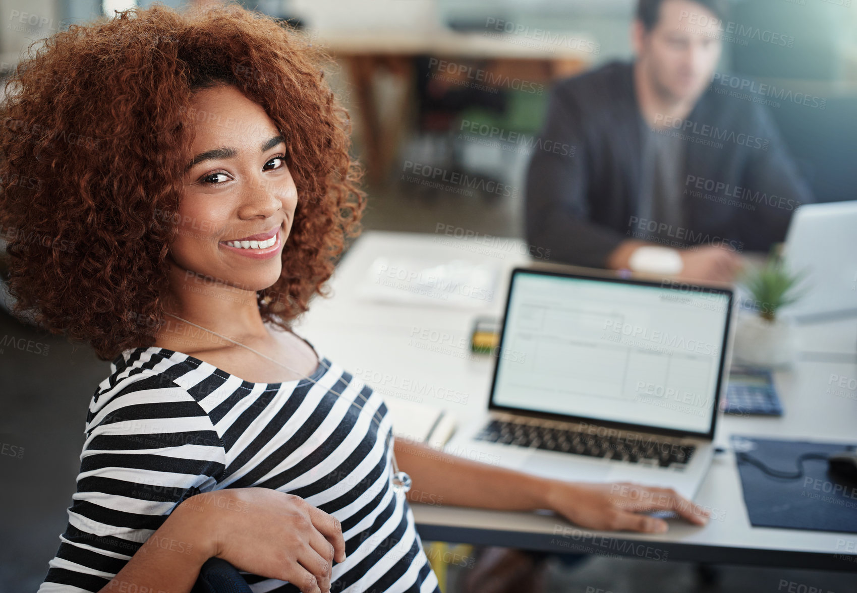 Buy stock photo Portrait, woman and laptop in office for ux design with research, creative project and wifi. Agency, writing and face of female developer in workplace with tech screen for seo, information and smile