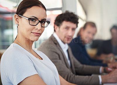 Buy stock photo Portrait, businesswoman and coworkers in seminar room for conference or meeting in boardroom. Female employee, group and colleagues in office for teamwork, collaboration and planning in workplace