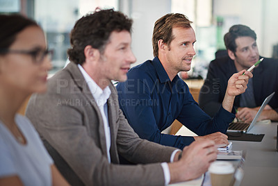 Buy stock photo Businesspeople, colleagues and seminar room for conference or meeting in boardroom. Corporate, group and coworkers in office for teamwork, collaboration and planning in workplace for workshop
