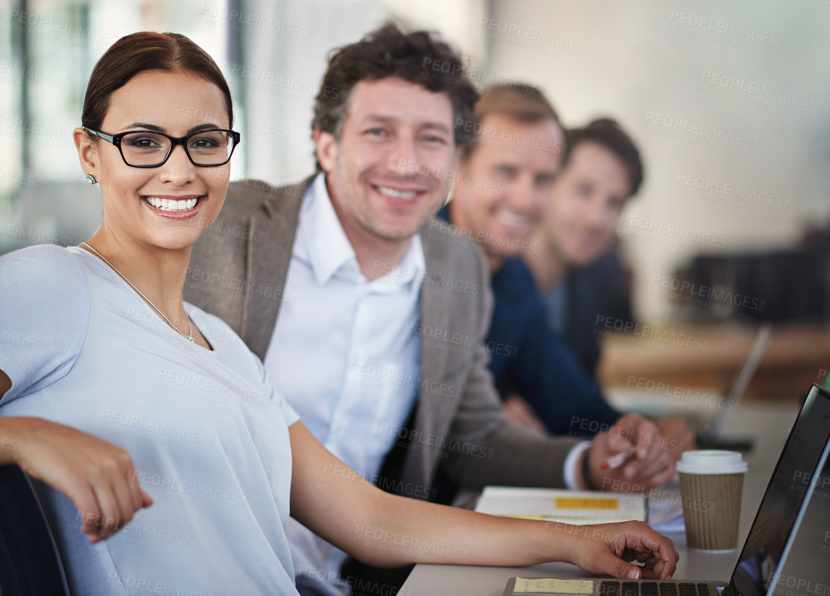 Buy stock photo Happy woman, laptop and glasses in meeting with business parters at office desk for strategy planning. Female person, portrait and collaboration in workshop for career, brainstorming and seminar.