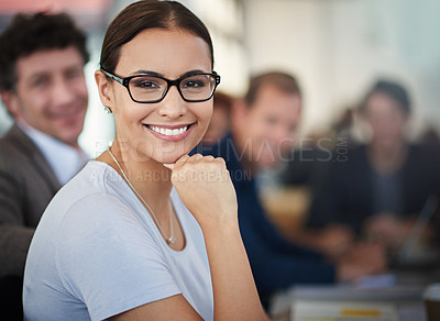 Buy stock photo Portrait, smile and meeting with business woman with team for discussion in confidence. People, collaboration and pride with employees, planning and workshop for company with administration in office