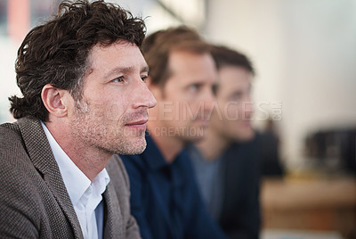 Buy stock photo Man, audience and attention for boardroom listening with leadership, cooperation and business meeting. Serious male person, teamwork and sitting in workplace for workshop discussion and partnership