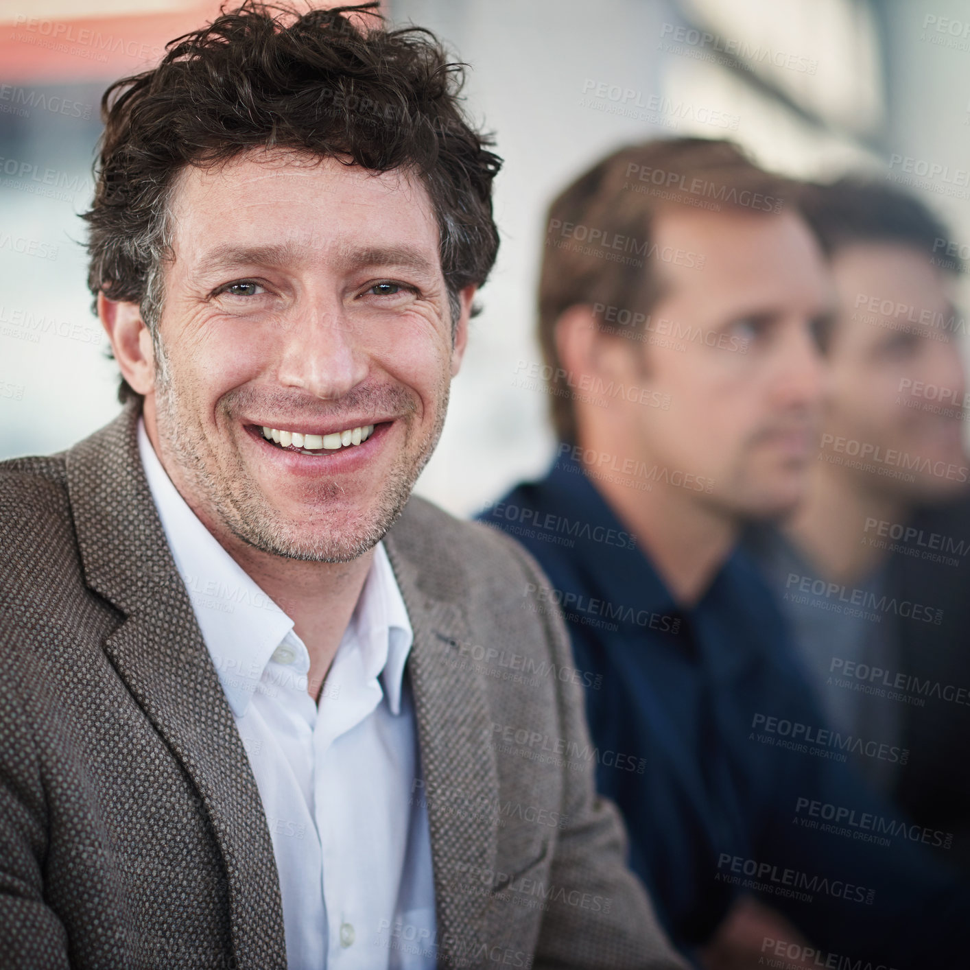 Buy stock photo Man, portrait and business meeting in boardroom for vision, positive and proud of company mission. Male person, happy and confidence in teamwork for collaboration, finance firm and unity in office