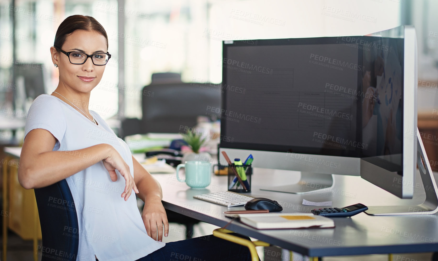 Buy stock photo Computer, portrait and business woman at desk in office for career, planning and online company. Proud female person, glasses and designer at modern workplace for internship and graphics agency