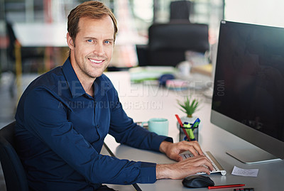 Buy stock photo Man, desk and screen in portrait with smile in office with designer for creative project. Mockup space, workstation and table with computer for web design with typing for website with confidence