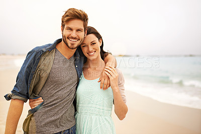 Buy stock photo Love, hug and portrait of couple at beach for travel, romance and freedom together outdoors. Face, smile and happy woman embracing man while walking, vacation or holiday, bond and fun in Miami