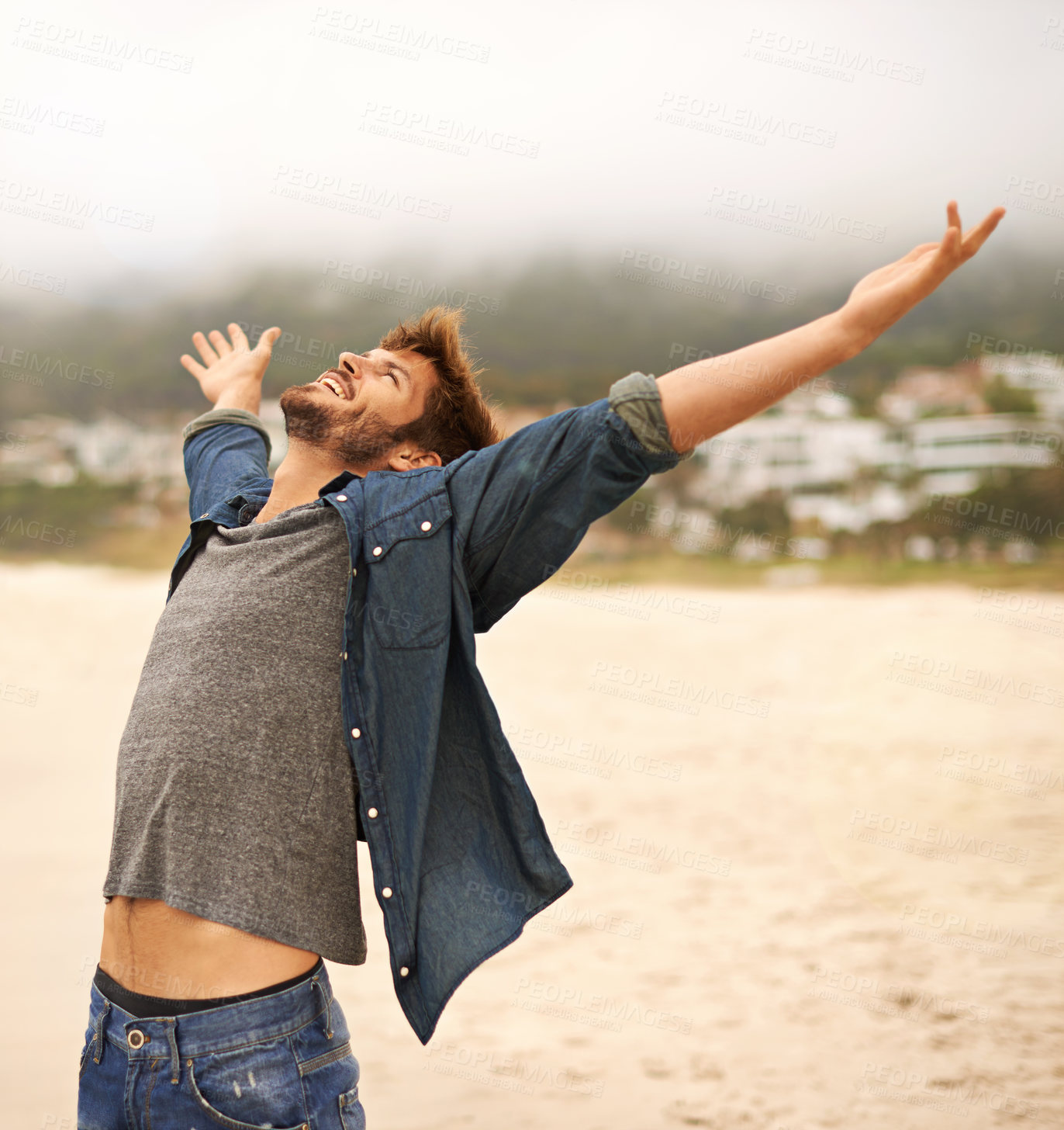 Buy stock photo Happy man, beach and freedom with hands out for travel, adventure or outdoor sightseeing in nature. Excited male person with smile in satisfaction or happiness for holiday weekend on the ocean coast