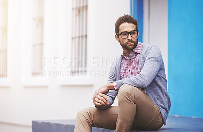 Buy stock photo Man, fashion and confident in city with glasses, black frame for style with chic outfit and pride. Urban, unique and trendy designer clothes, spectacles for accessory and apparel with model outdoor