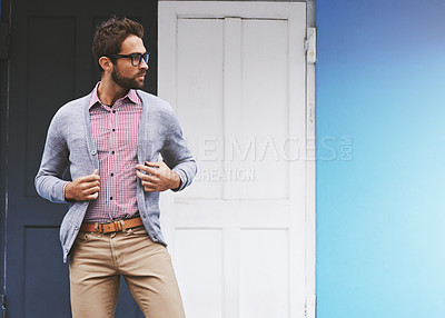 Buy stock photo Man, fashion and posing in city with glasses, confident with black frame for style and chic outfit. Urban, unique and trendy designer clothes, spectacles for accessory and apparel with model outdoor