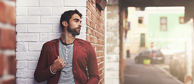 Buy stock photo Man, fashion and confident with chilling in city, trendy style with pride and cool outdoor. Urban, unique and stylish with designer clothes, edgy and chic with blazer or jacket for casual apparel