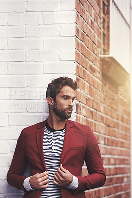 Buy stock photo Man, fashion and confidence in city with trendy style, model with pride and cool outdoor. Urban, unique and stylish with designer clothes, edgy and chic with blazer or jacket for casual apparel