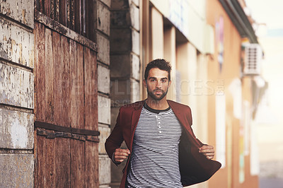 Buy stock photo Man, portrait in city and fashion, confidence and serious outdoor with designer blazer for style and aesthetic. Urban, chic and edgy with pride, model in stylish jacket or clothing, apparel or outfit