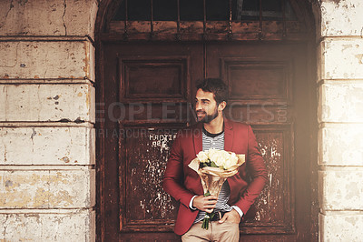 Buy stock photo Flowers, man and thinking in city with a smile and ready for a date with gift and bouquet of roses. Door, present and town with male person with confidence and idea about love and happy with plant