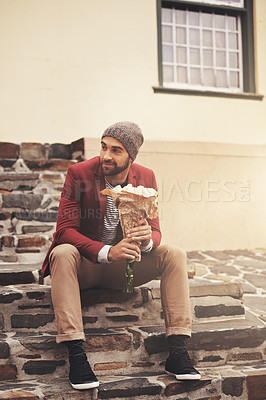 Buy stock photo Stairs, sitting and man with roses for anniversary, valentines day or first date in outdoor city. Flowers, bouquet and male person on steps for romantic gift, celebration or love in urban town
