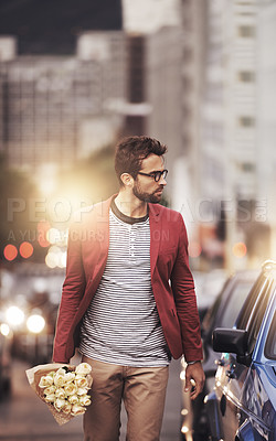 Buy stock photo Outdoors, man and bouquet of flowers with thinking for romantic gesture, gift or kindness in New York. Male person, city and bunch of roses with idea for love, planning or present on valentines day