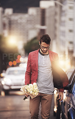 Buy stock photo City, man and bouquet of flowers with walking for romance, love or kind gesture in New York. Male person, downtown and bunch of roses with idea for gift, planning or present on valentines day