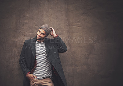 Buy stock photo Portrait, fashion and man with a smile, stylish outfit or happiness against dark wall background. Face, happy male person or cool model with trendy clothes and aesthetic with style and mockup