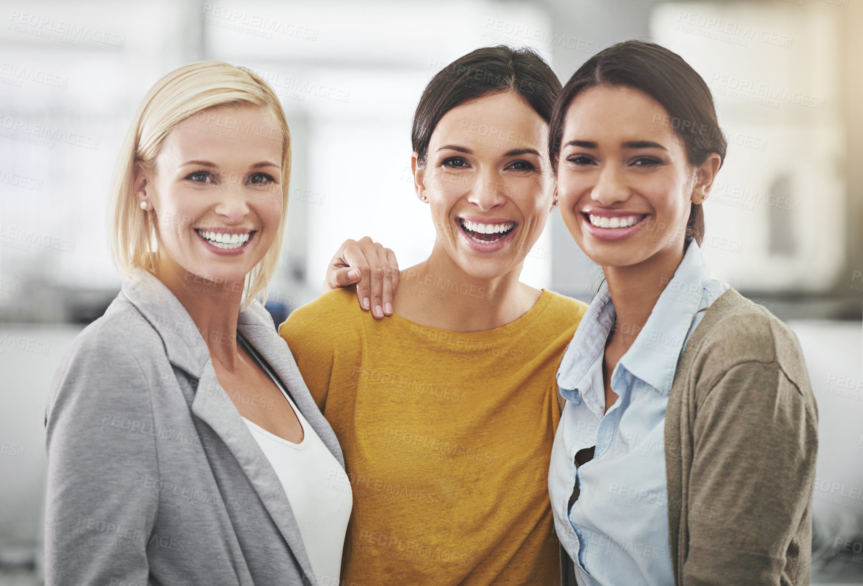 Buy stock photo Cropped portrait of three businesswomen standing in the office