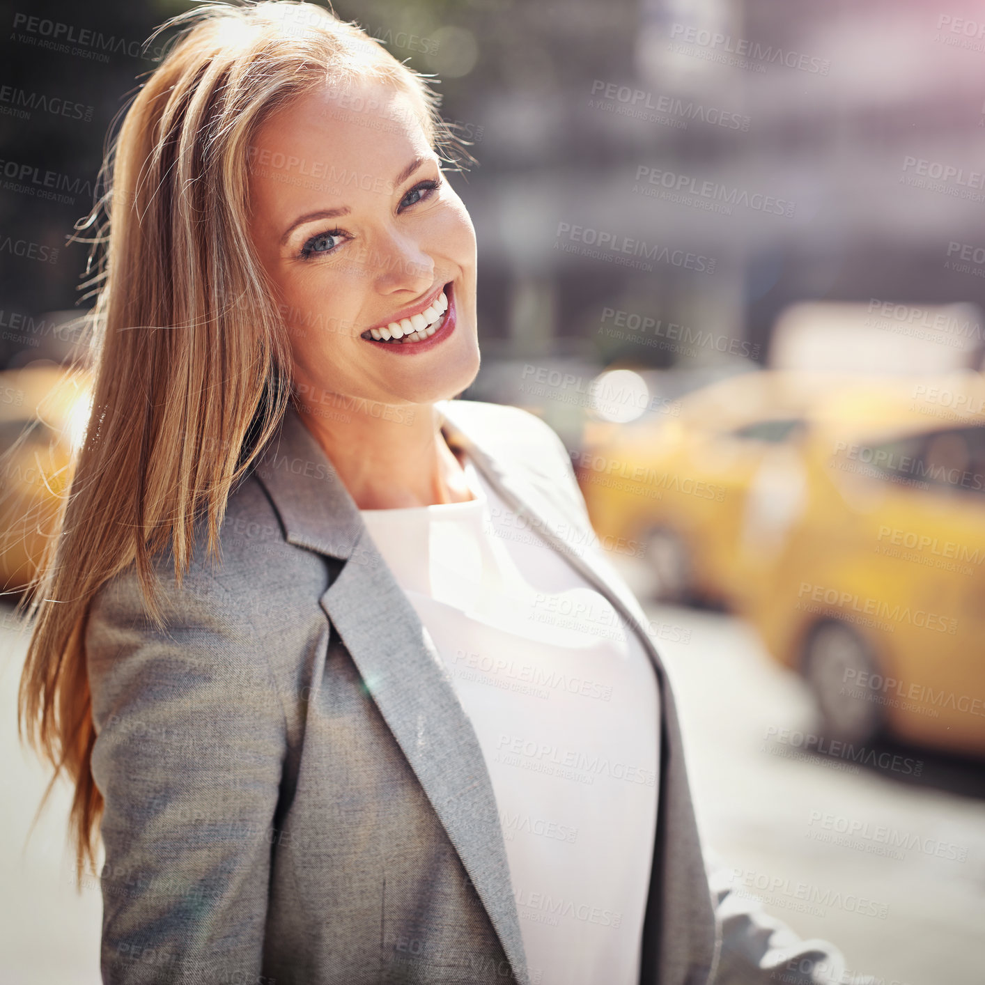 Buy stock photo Smile, city and portrait of entrepreneur, urban or professional for corporate employee. Confidence, hair and commute or travel to workplace in New York, business consultant or businesswoman career 