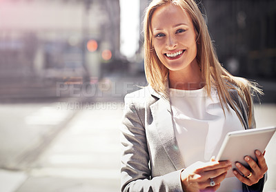 Buy stock photo Smile, tablet and portrait of businesswoman, city or urban for corporate employee. Confidence, technology and commute or travel to workplace in New York, business consultant and successful career 