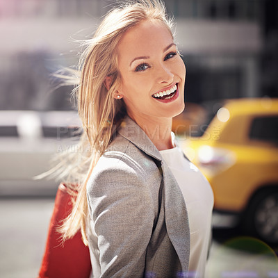 Buy stock photo Designer, portrait and smile with city, walk and commute for work or career. Woman, job and new york street with urban, summer and happiness with confident and creative business travel in downtown