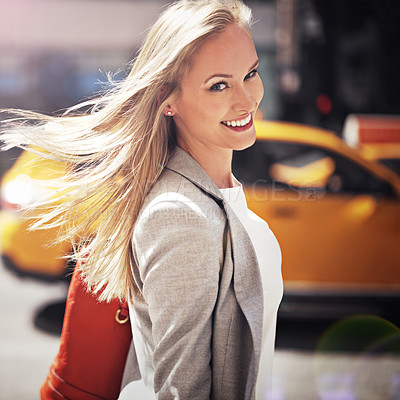 Buy stock photo Woman, portrait and smile with urban, walk and commute for work or career. Designer, job and new york street with city, summer and happiness with confident and creative business travel in downtown