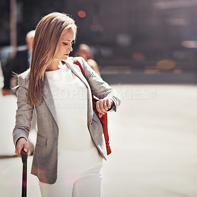 Buy stock photo Business, woman and suitcase with watch for travel time management for airplane trip, downtown or city street. Female person, luggage and corporate professional for urban commute, hotel or meeting