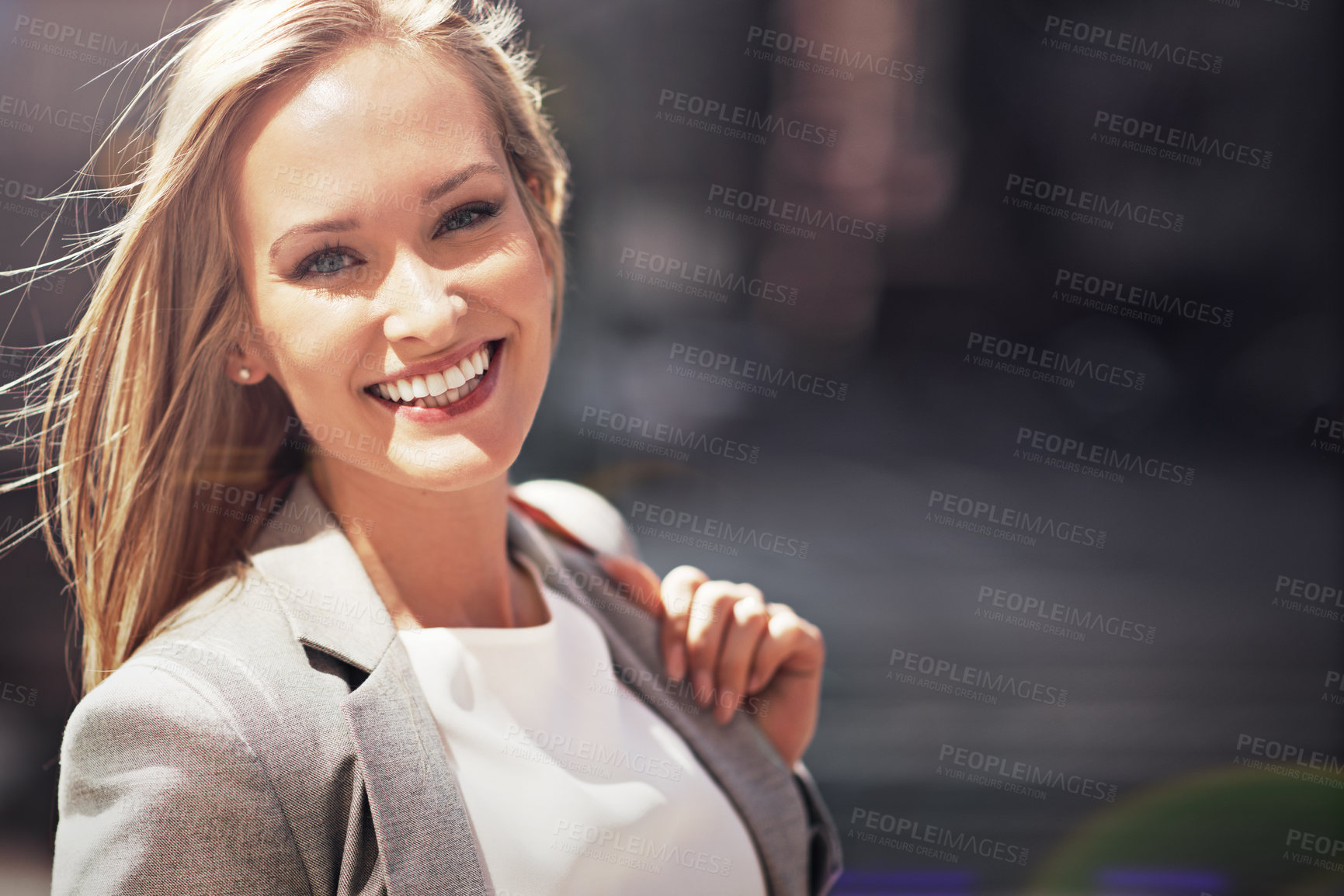 Buy stock photo Businesswoman, portrait and smile on city street for travel commute as professional entrepreneur, downtown or pedestrian. Female person, face and office building on corporate trip, morning or journey