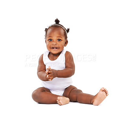 Buy stock photo Portrait, baby girl and clapping with smile in studio for applause, playing and cheerful on white background. Child, happy and enjoying for childhood development, excited and joyful kid with mockup