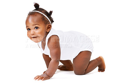 Buy stock photo Black toddler, crawling or curiosity by thinking, learning or balance on studio on white background. Mockup, baby or girl to crawl, mobility or motor skill in child development on growth milestone