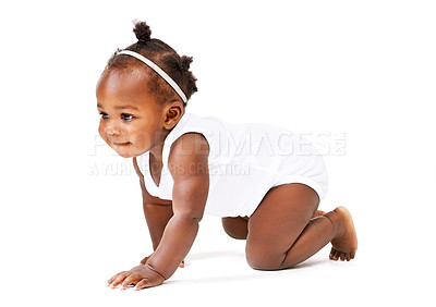 Buy stock photo Black toddler, crawl or explore by thinking, learning or growth on studio mockup on white background. Baby girl, curious or crawling as mobility, balance or motor skill on child development milestone