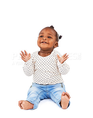 Buy stock photo Baby, playing and clapping with smile in studio for applause, fun and cheerful on white background. Child, learning and motor skills for childhood development, excited and happy kid or infant