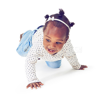 Buy stock photo Baby, girl or laugh by crawling, play or thinking of learning, growth on mock up on white background. Black toddler, crawl or step to imagine, explore or motor skill development on mobility milestone