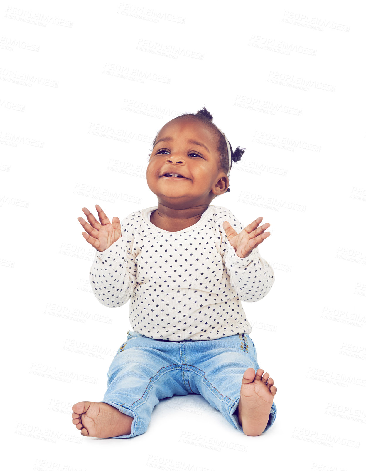 Buy stock photo Baby, fun and clapping with smile in studio for applause, playing and cheerful on white background. Child, learning and motor skills for childhood development, excited and happy kid or infant
