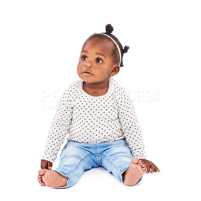 Buy stock photo Black baby girl, relax or thinking of curiosity, idea or remember to imagine, wonder or childhood. Toddler, rest or comfort to question, growing up or contemplate studio mock up on white background