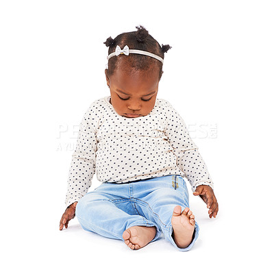 Buy stock photo Child, tired and sleeping or dreaming in studio from playing, learning and motor development in white background. Baby girl or infant, sitting and drowsy or sleepy for nap time, rest and peace