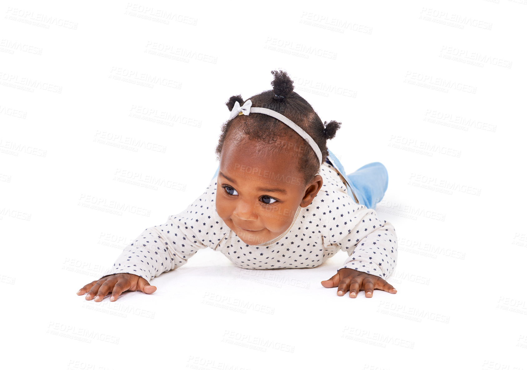 Buy stock photo Black baby, curious or crawl to explore, play or learn of mobility, motor skill or child development. Girl, toddler or crawling on tummy time, growth or progress on mockup on white background