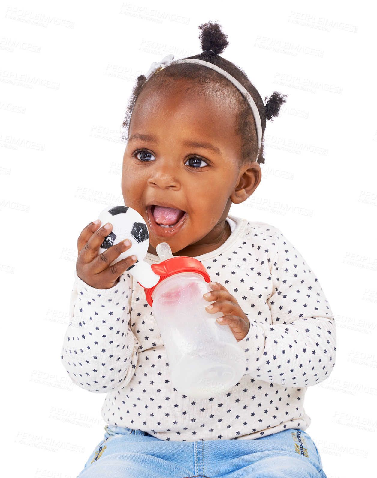 Buy stock photo Studio shot of a baby girl holding a bottle and a toy